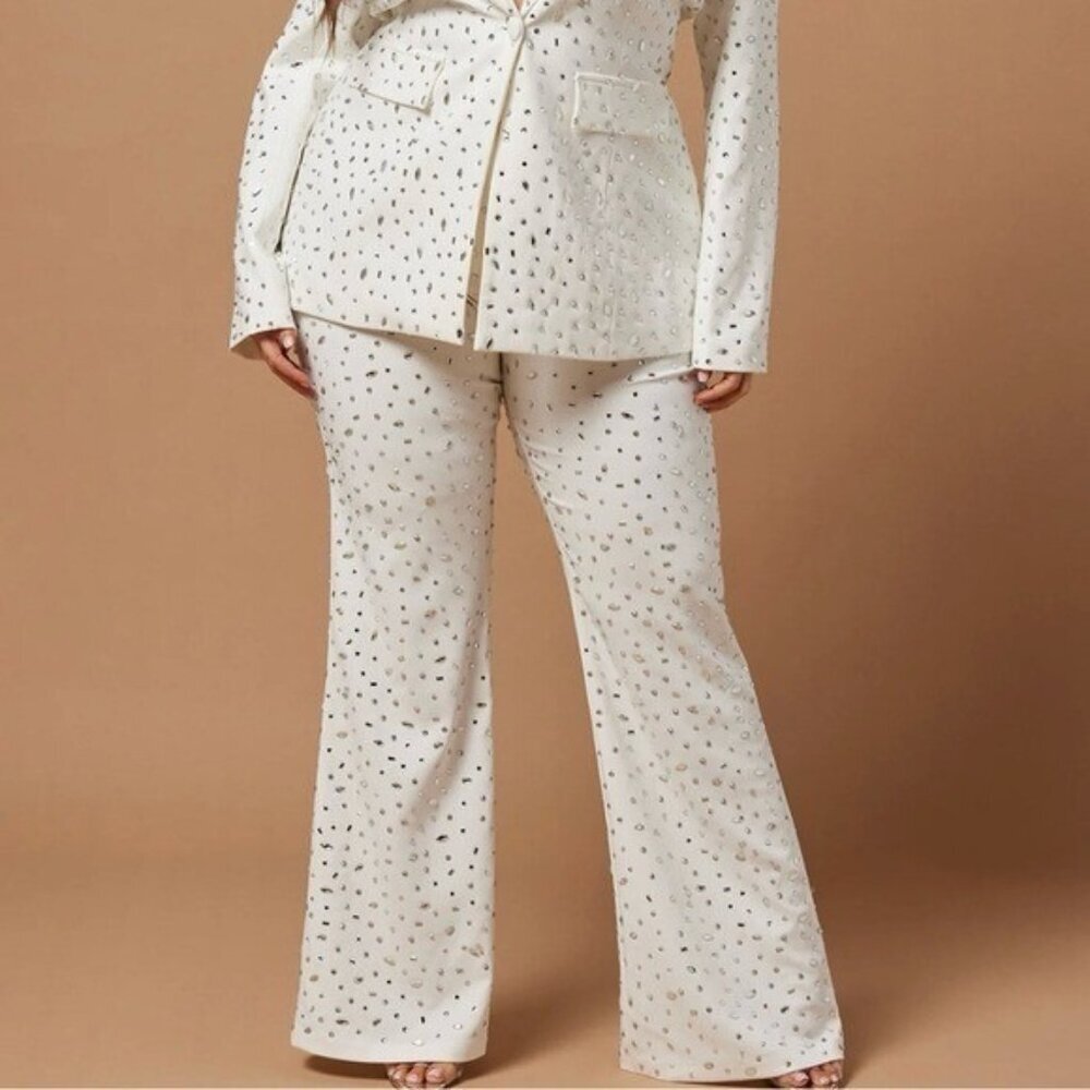 Fashion Nova Cream Embellished Wide-Leg Pants